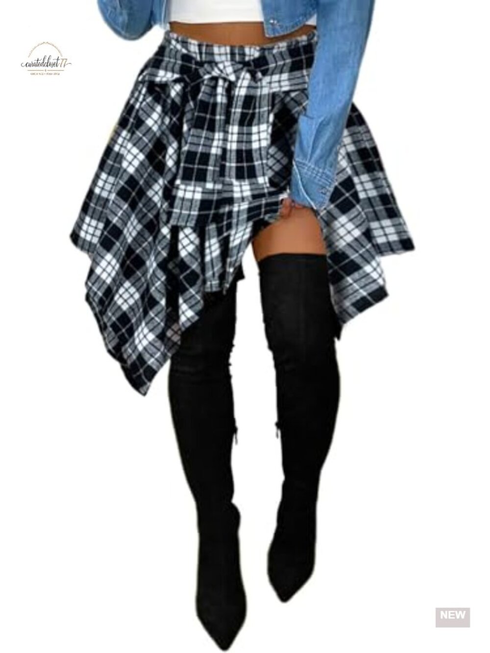 High Waist Plaid Mini Skort Pleated A-Line Asymmetrical Hem
